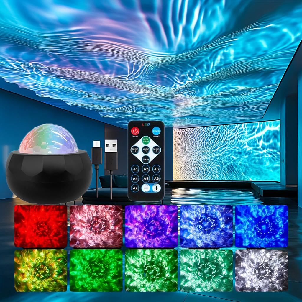 Starry Sky Galaxy Water Ripple Projector Lamp LED Night Light Auto Rotate RGB 7 Modes with Remote for Kids Room Deco Lamp Gift
