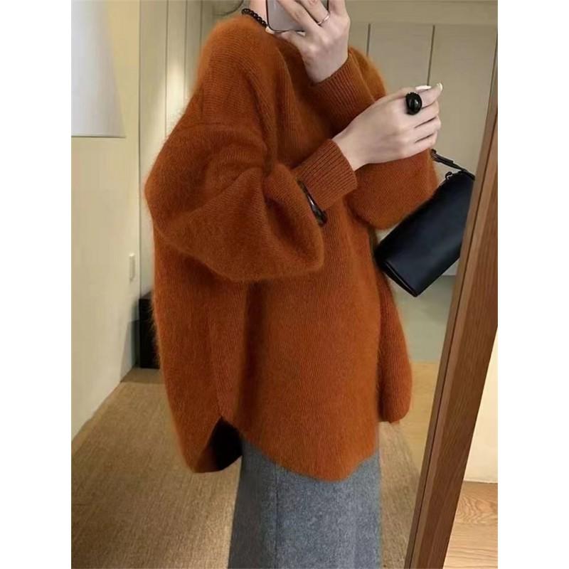 Womens Loose Fit Orange Raccoon Knit Sweater Mid-Length Warm Winter Pullover Slimming Stylish
