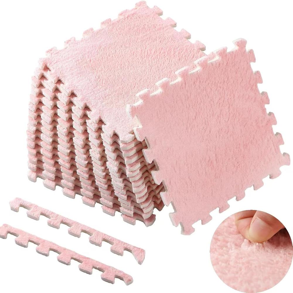 16 Pcs Plush Jigsaw Puzzle Mat Cute Soft and Fluffy Interlocking Rug EVA Foam Square Rug Children's Play Mat Bedroom Decor