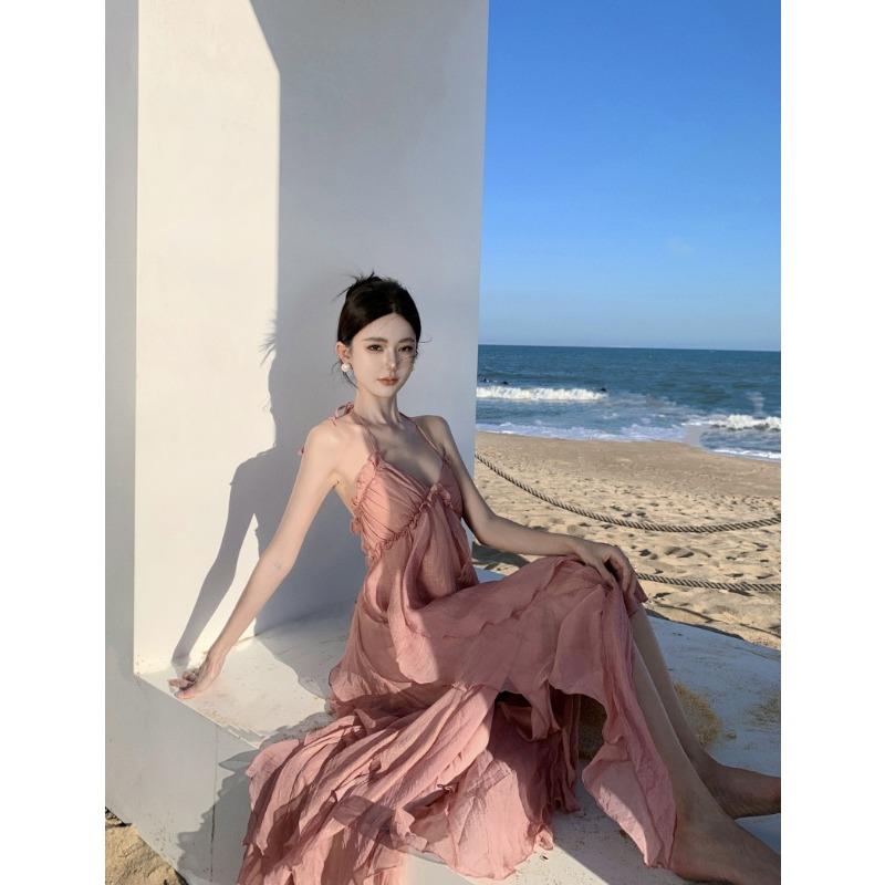 Женские летние темпераментные висячие шеи с открытой спиной, праздничные пляжные длинные свободные платья