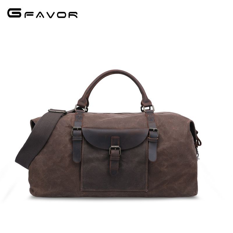 Vintage Travel Duffel Bag - Large Capacity Waxed Canvas Bag with Crazy Horse Leather, Men's Short Trip Outdoor Luggage Bag T0025#