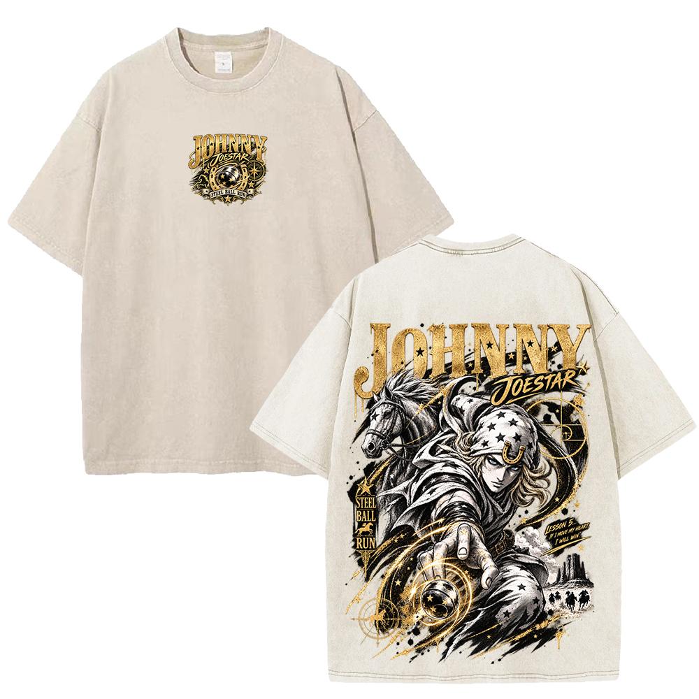 Johnny Joestar JoJo's Bizarre Adventure T-shirt Men Clothing Vintage Washed T Shirt Short Sleeve Oversized 100% Cotton Tee Tops