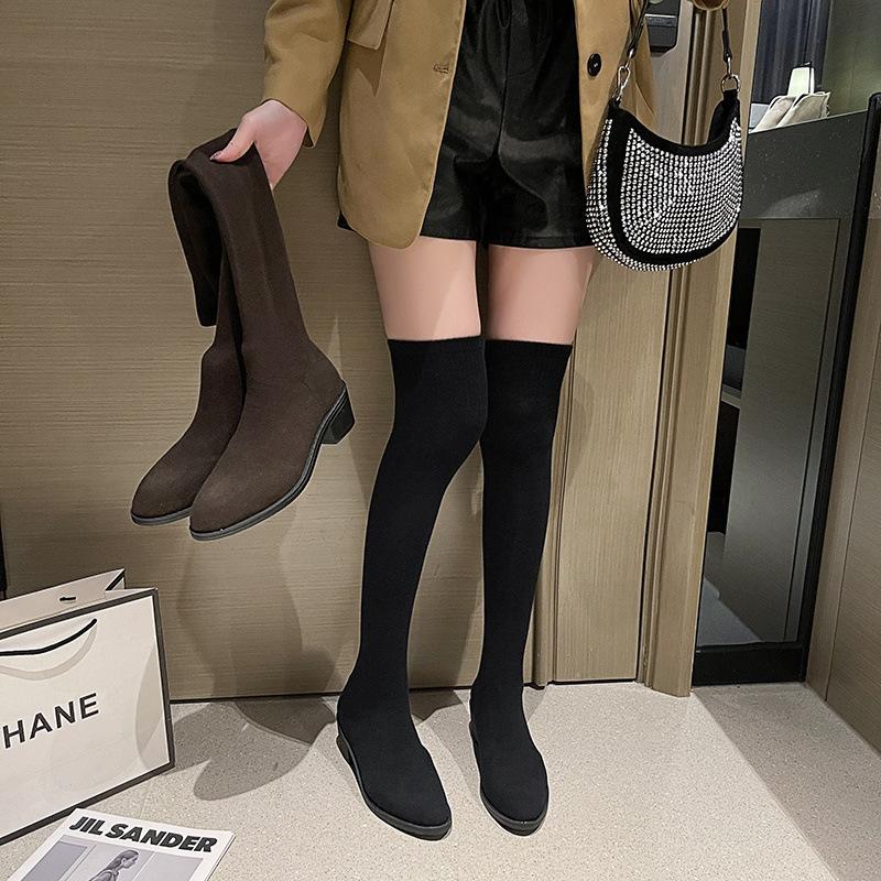 Elastic Socks Boots Women's 2025 Spring and Autumn Versatile Long Tube Socks Over Knee Boots Women's Thick Heel Pointed Skinny Boots Large Size