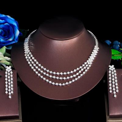 CMM Bling Белый Цирконий Серебристого Цвета 3-слойное Свадебное Платье, Ожерелье и Серьги, Комплекты Ювелирных Изделий