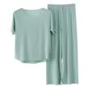 2Pcs/Set Women Pajamas Seamless Ice Silk Round Neck Short Sleeve Solid Color Elastic Waist Wide Leg Loose Soft Breathable Homewear Top Pants Set