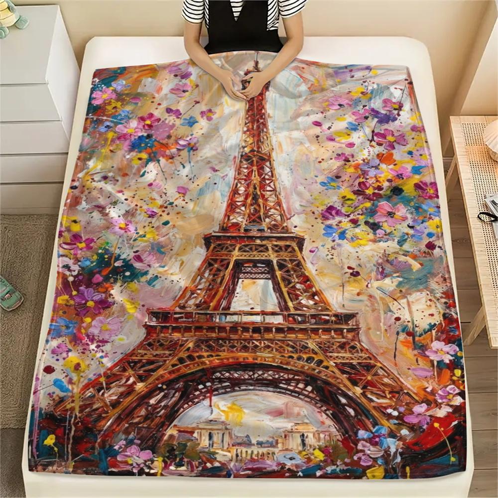 Paris Eiffel Tower Print Flannel Blanket, High quality Comfortable for All Seasons, Home Decor, Warmth and Comfort, Perfect for Christmas Gifts98