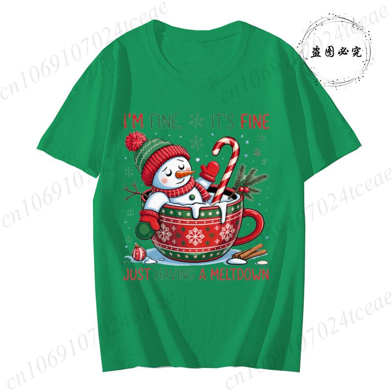 T-Shirt for Women I'm Fine,it's Fine,just Having A Meltdown Print T-Shirts Funny Cute Snowman Christmas Clothing Casual Tees Top