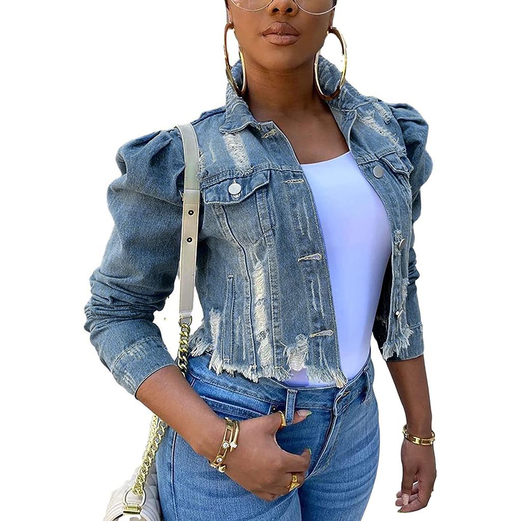 (SU)Fashion Women's Solid Button Wear Out Long Puff Sleeve Denim Jacket Coat