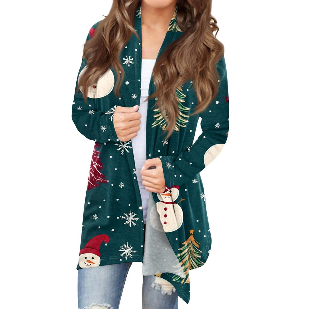Women's Fashion Casual Christmas Print Medium Length Cardigan Jacket Coat