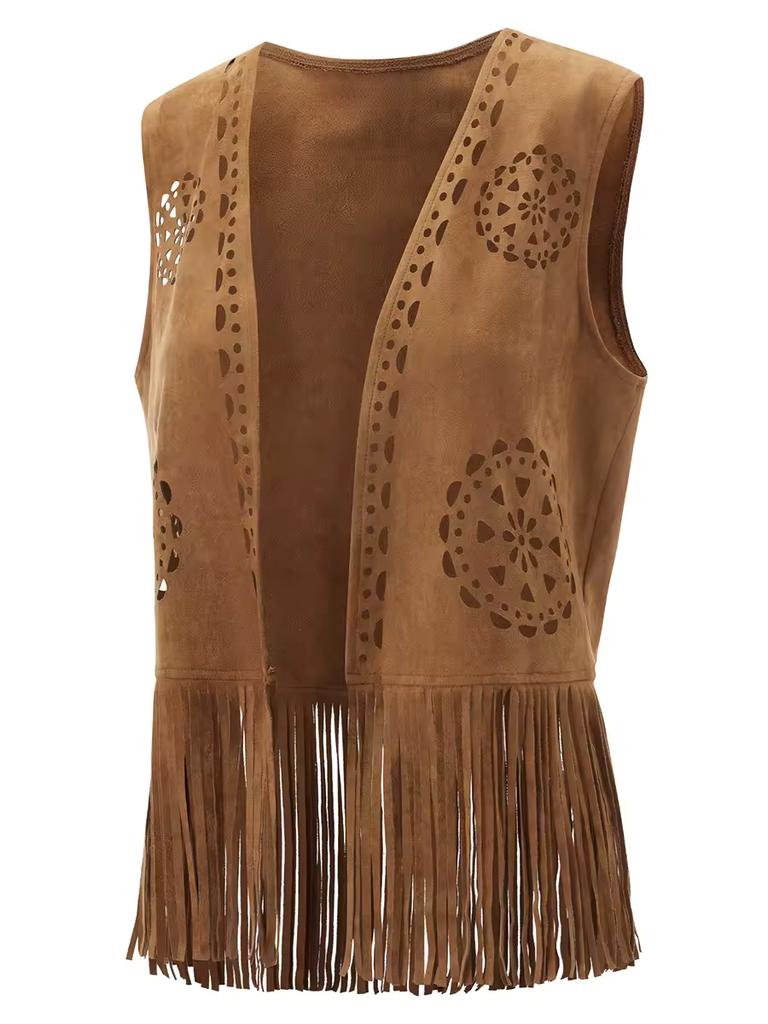 Женский весенне-летний жилет-кардиган без рукавов с бахромой, однотонная панк-куртка