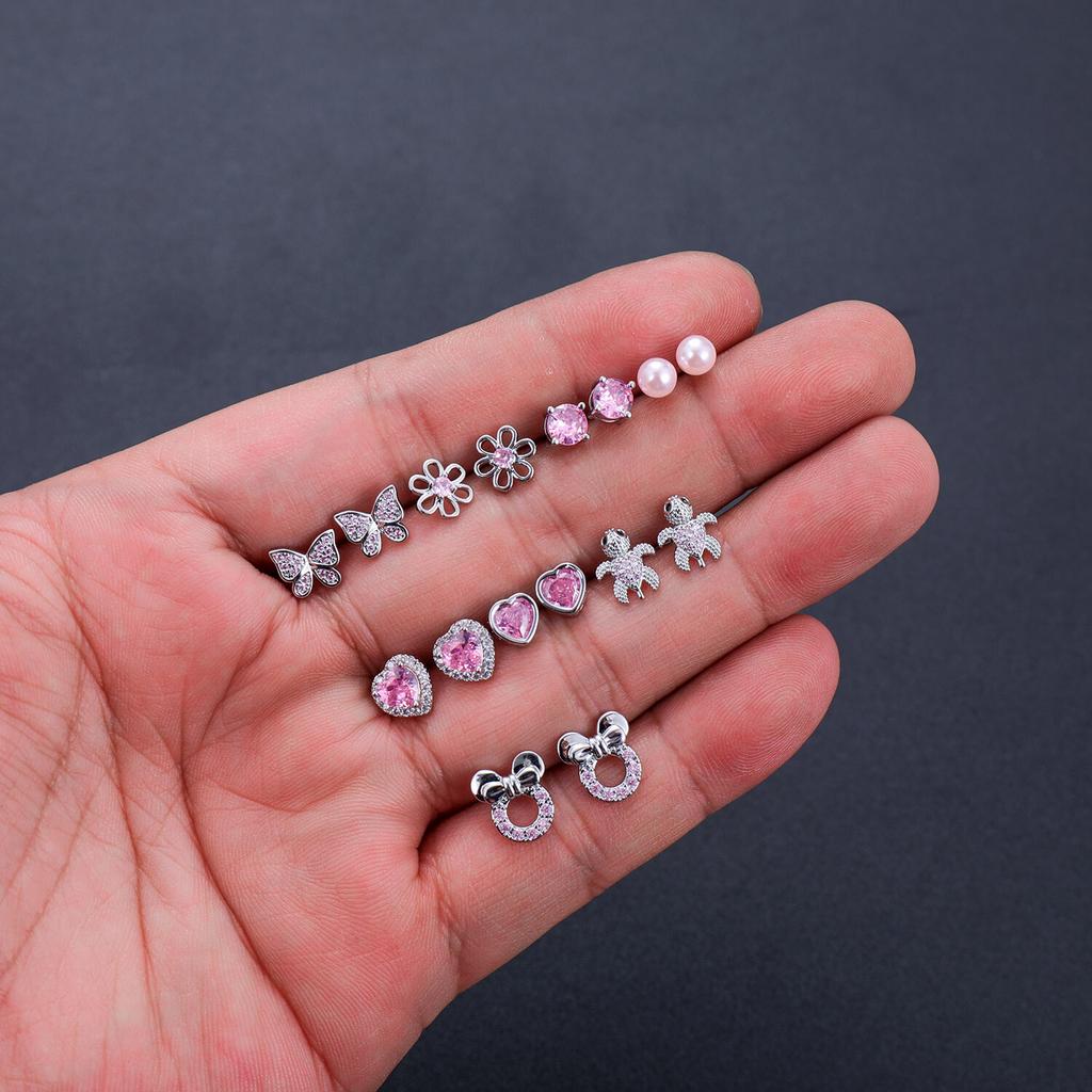 8 Pairs Hypoallergenic Stainless Steel Stud Earrings Heart CZ Tiny Butterfly Kids' Summer Party Body Zircon Perfect Gift for