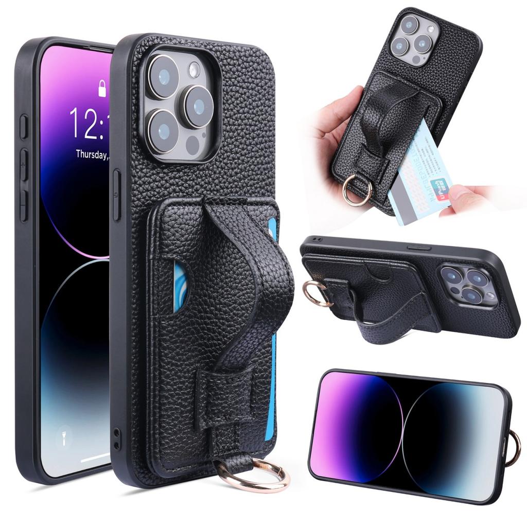 Высококачественный черный чехол из ТПУ+PU кожи для iPhone 11 13 12 14 15 16e Pro Max, модный ремешок на запястье, кольцо-держатель, кардхолдер, кошелек