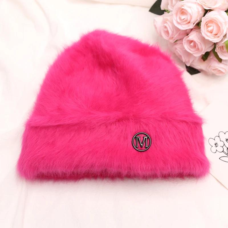 Fashion Rabbit Fur Beanies Women Soft Warm Fluffy Angola Winter Knitted Hat Female Plush Windproof Bonnet Skullies Cap