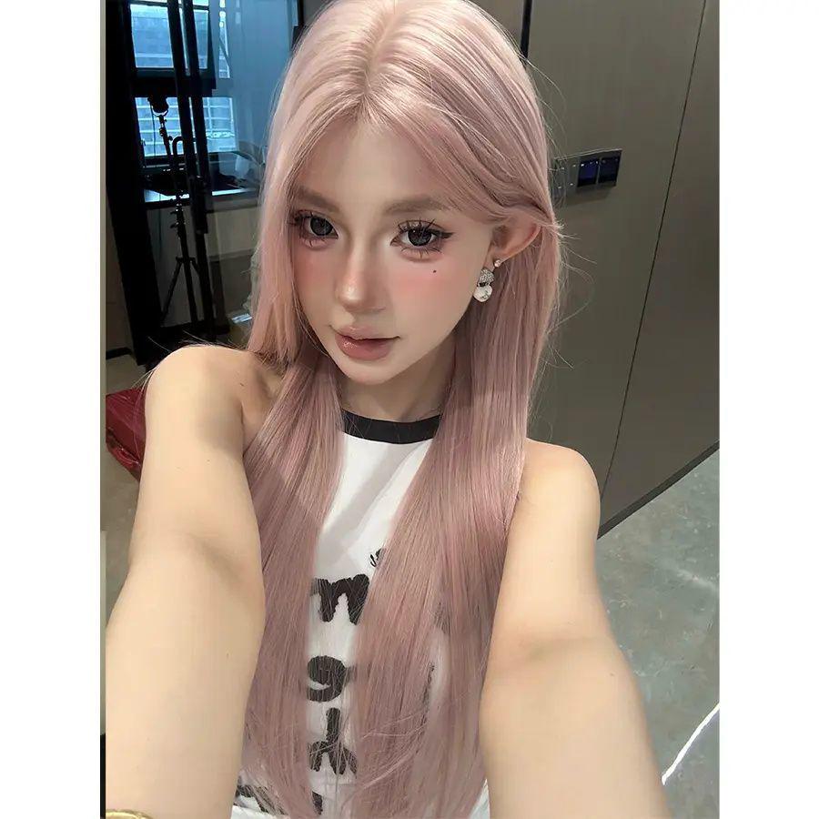 Розовый парик в корейском стиле Y2K: Длинные, Прямые, Многослойные, Модные и Естественные Локоны для Женщин
