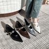 Spring Women's Heeled Single Shoes Fashionable Mid-heel Gold Buckle Mary Jane Shoes Women's Pointed Toe Boat Shoes Zapatos Mujer