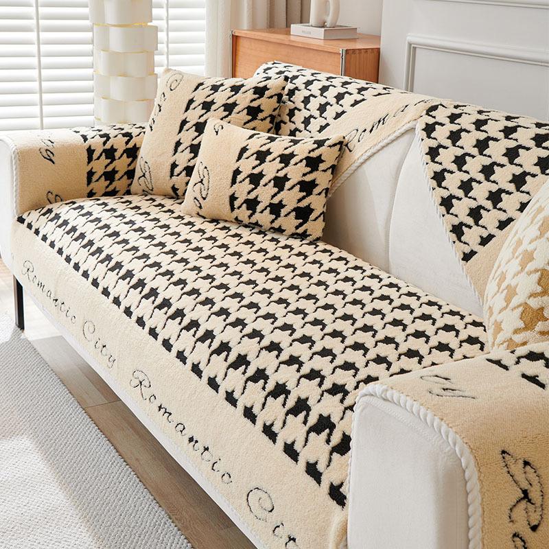 Осенне-зимняя плюшевая подушка для дивана, современный простой нескользящий кожаный чехол для дивана, модный универсальный чехол для дивана с рисунком «гусиные лапки», тканевое полотенце