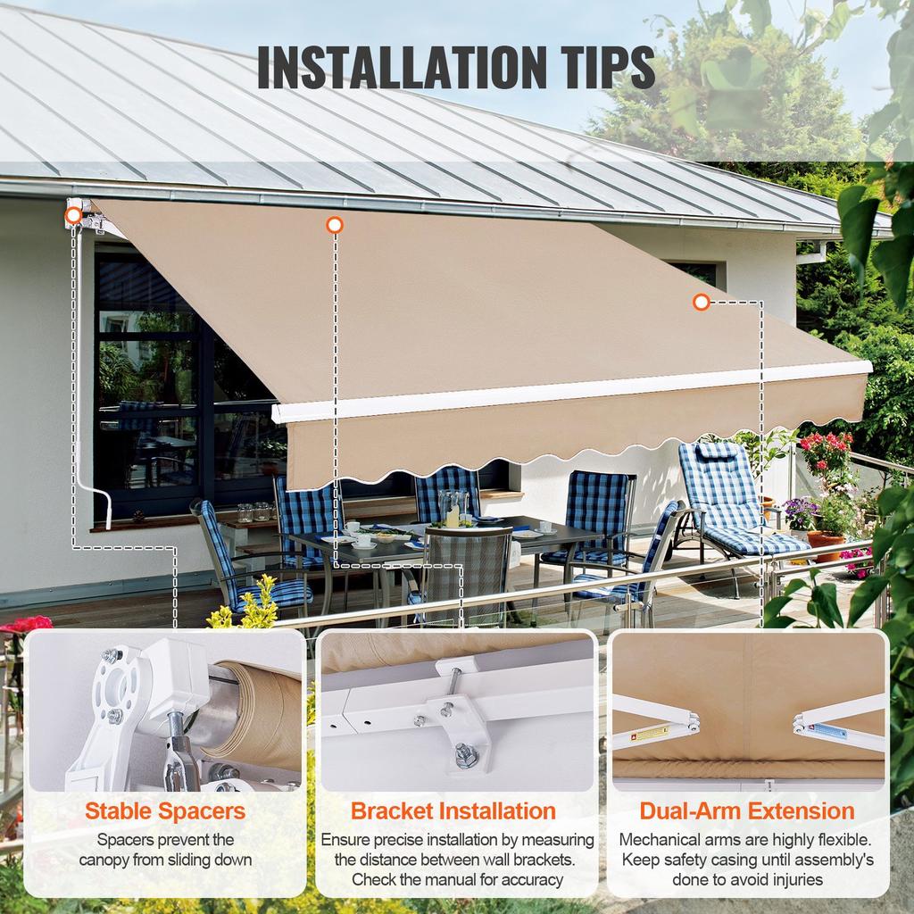 VEVOR Manual Retractable Awning, 10 x 8 ft Outdoor Patio Awning Retractable Sun Shade