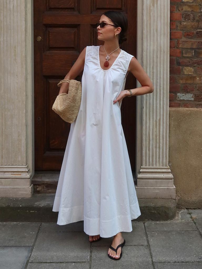 Летнее повседневное платье без рукавов, новое, европейского и американского стиля, из чистого хлопка, для отпуска, с U-образным вырезом, свободное, длинное