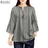 Женская повседневная блузка с V-образным вырезом и рукавами 3/4 свободного кроя в клетку