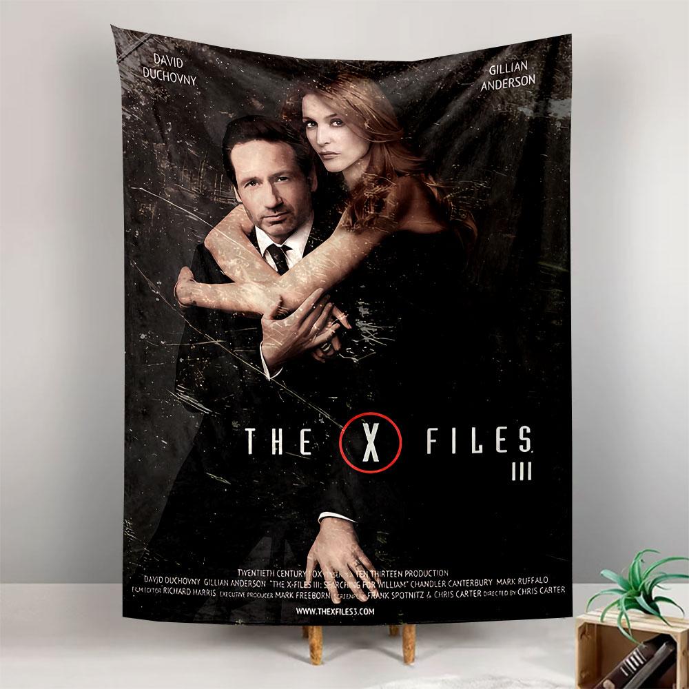 A man and woman in formal attire embracing with "The X-Files III" title. Patterned tapestry for bedroom and living room home decor