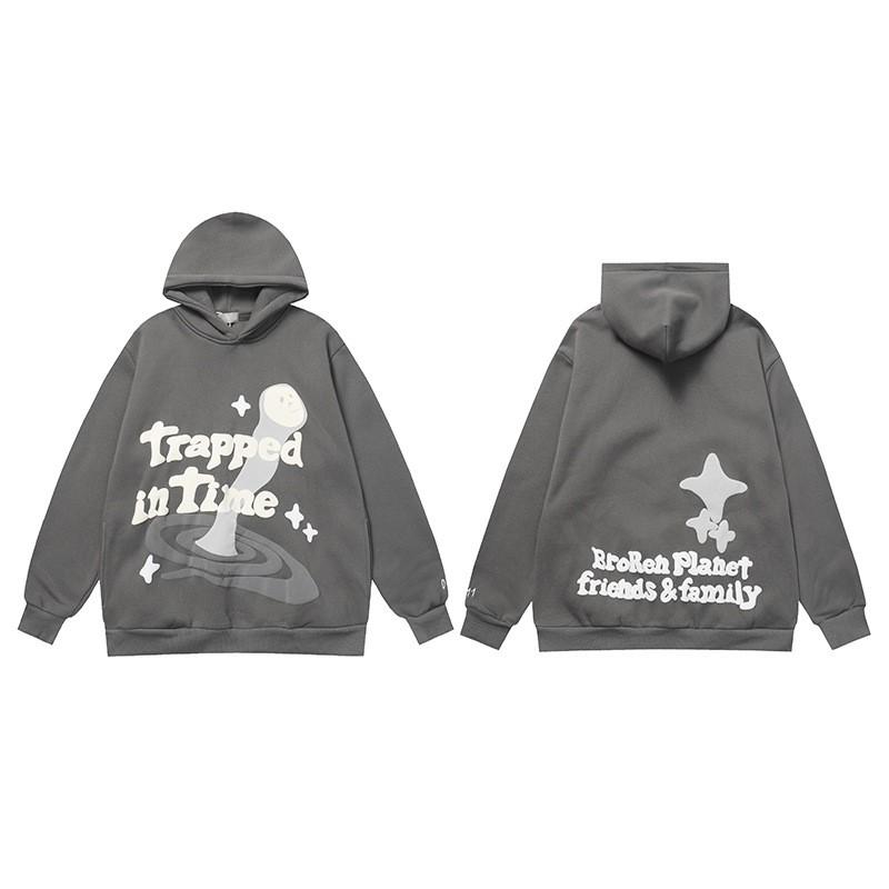 Broken Planet Oversized Hooded Sweatshirt With Puff Print Graphic Streetwear Unisex Casual Pullover Teens