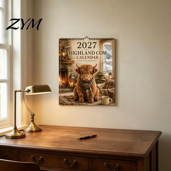 Desktop Appointment Calendar 2027 Highland Cow Seasons Calendar, 12-Month Desk Planner with Cute Art, Stationery for Daily Tasks Thick Paper Organizer