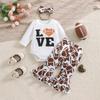 Baby Girl "LOVE" Heart Football Print Cotton Long Sleeve Bodysuit Pants With Bow Headband Outfit Set