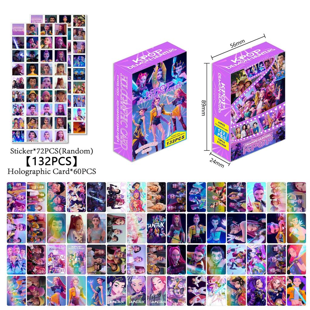 132PCS Kpop Demon Hunters Laser Cards K-Pop Witch Hunt Cartoon Series Accessories 60PCS Lomo Small Cards & 72PCS Stickers