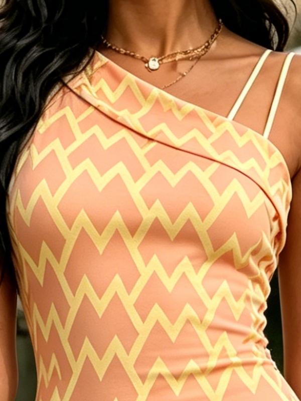Peach Yellow Chevron Print One Shoulder Spaghetti Strap Bodycon Midi Dress Womens Casual Party Dress