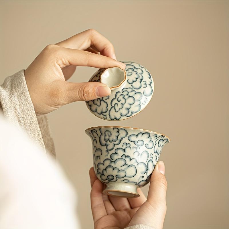 1set Rustic Ru Kiln Porcelain Tea Set Vintage Blue And White Floral Design Chinese Kung Fu Tea Ceremony Ceramic Teapot With Lid And Two Cups For Home