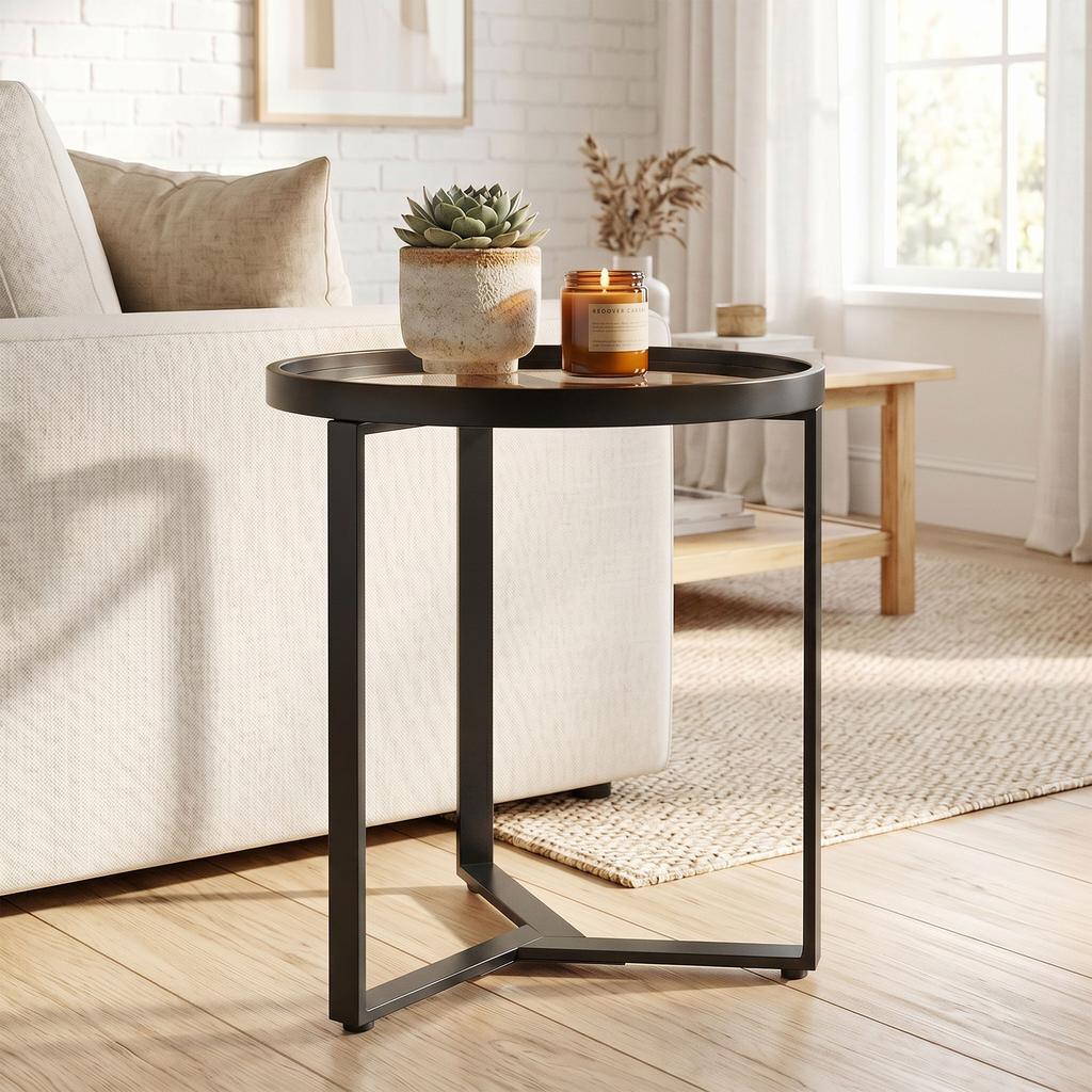 Round Side Table With Tempered Glass Top And Geometric Metal Frame For Small Space Black