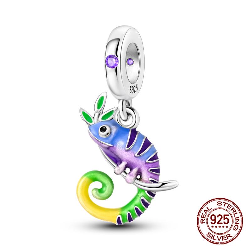 925 Silver Chameleon Charms Bead Colorful Sketchpad Dangle Zirconium Clip for Bracelet Necklace DIY Jewelry