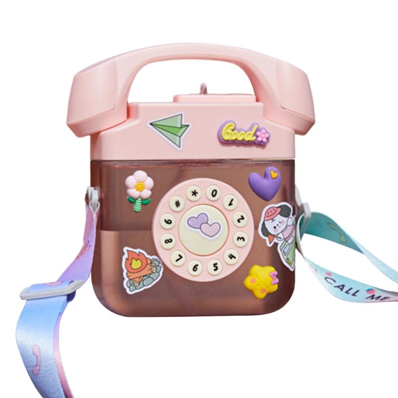 Portable Plastic Drinking Bottle Aesthetic Water Bottle Telephone Shape Water Bottle with Straw Water Bottle with Strap