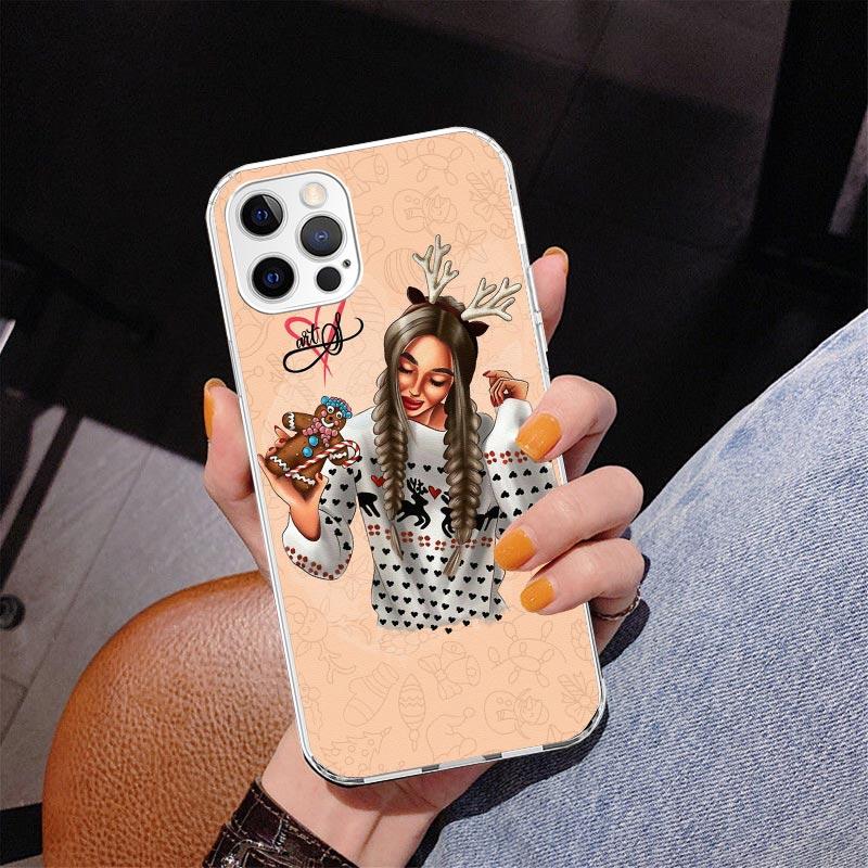 Christmas Art Girls Coffee Phone Case For iPhone 17 Air 16 Pro Max 16E 15 + 14 Plus 11 12 13 Mini 7 8 SE Gift Print Cover Fundas