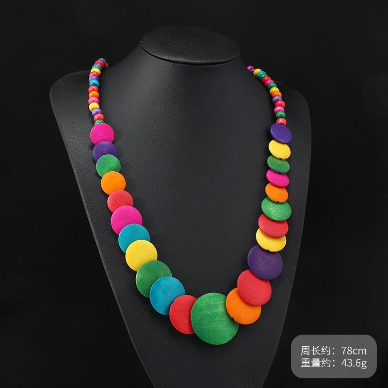 Vintage Exaggerated Wooden Necklace Maillard Vacation Women's Bohemian Long Niche Sweater Chain Earrings