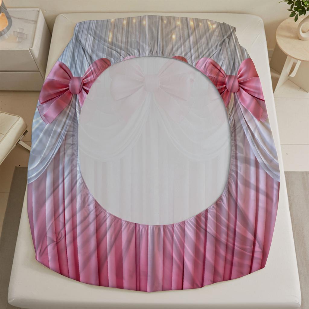 Розовый Бант Шторы Комплект Постельного Белья Натяжная Простыня Розово-Белый Градиент Шторы Принт Комплект Постельного Белья С Наволочками Для Спальни