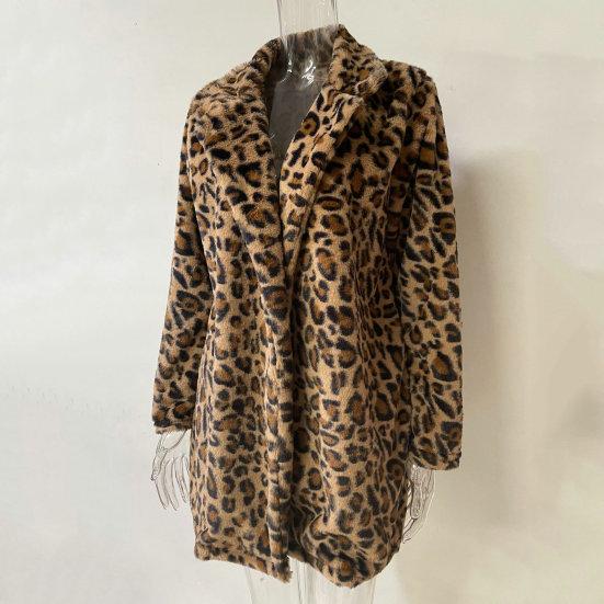 Fall Winter Women Coat Thick Plush Leopard Print Lapel Long Sleeve Windproof Cold-proof Mid Length Pockets Cardigan Lady Loose Overcoat