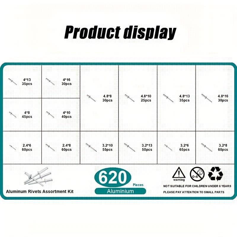 Набор алюминиевых вытяжных заклепок, 620 шт. - Доступно 14 размеров, включая вытяжные заклепки диаметром 1/8", 3/16", 3/32", 5/32"