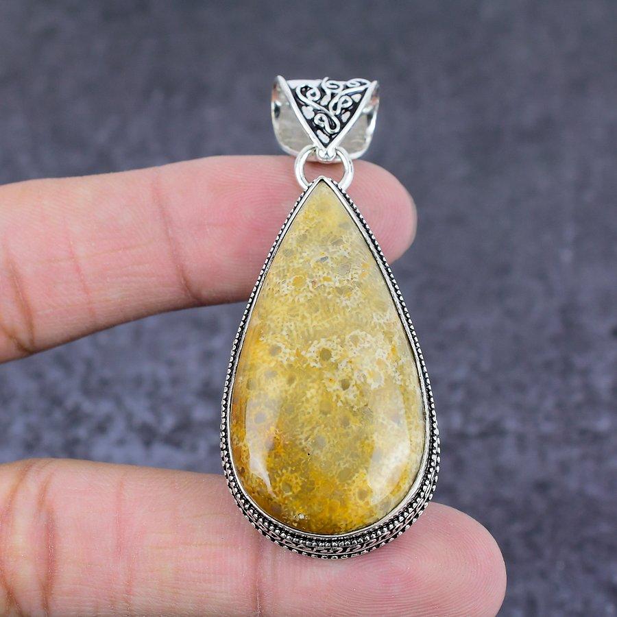 Natural Fossil Coral Gemstone Handmade 925 Sterling Silver Pendant 2.48" R4k84