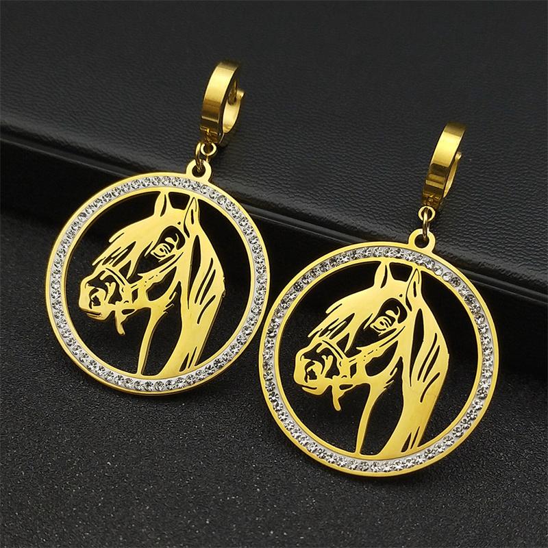 Hollow Horsehead Rhinestone Dangle Pendants Earrings for Women Men Stainless Steel Gold Color Animal Earring Jewelry Gifts E42