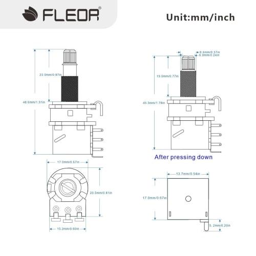 FLEOR 2 Pieces Guitar Bass Push-Push Potentiometer B500K Linear Tapered Copper Long Split Shaft Pot