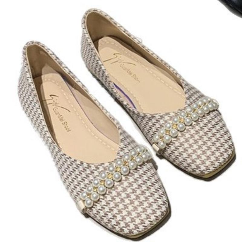Single Shoes Women's Spring New Pearl Pointed Head Shallow Mouth Flats Fashion Thousand Bird Grid Mary Jane Shoes