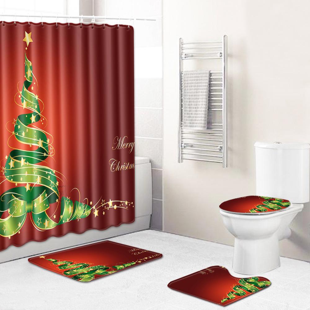 Christmas Waterproof Shower Curtain Four-Piece Combination Floor Mat Entrance Door Mat Bedroom Living Room Carpet