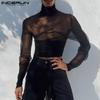Men High Neck Long Sleeve Ruffled See Through Tops Club Party Mesh Irregular T-Shirts