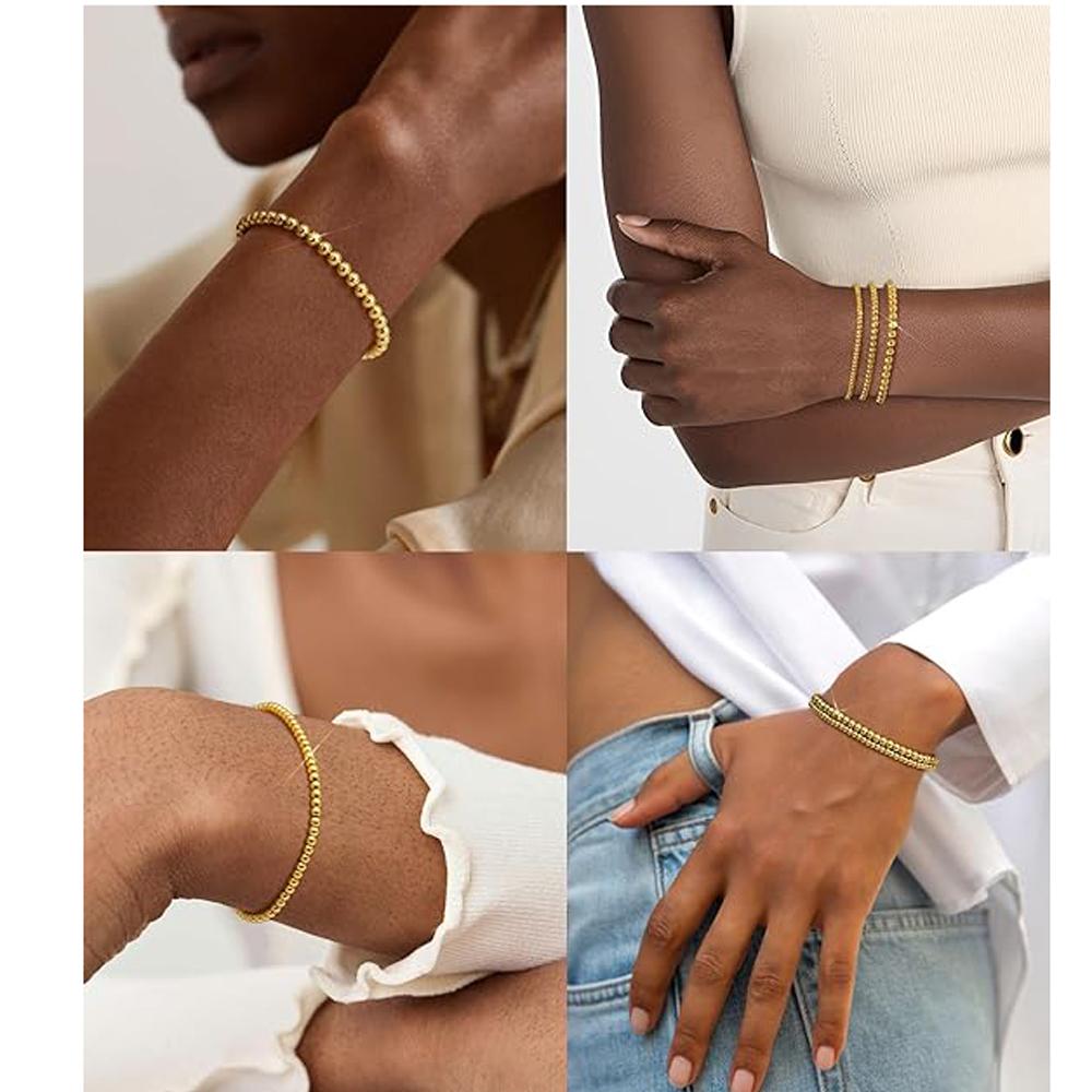 18K Gold Plated Waterproof Bracelet Stack Beaded Bracelets for Women Strand Bead Ball Bracelet Sets Stackable Jewelry Gifts