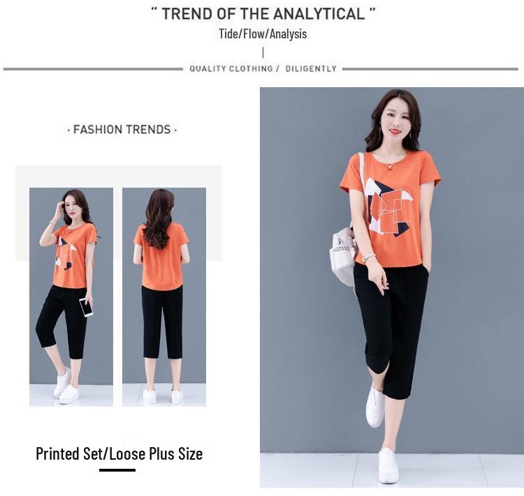 Женский летний модный комплект большого размера для похудения из двух предметов - топ с коротким рукавом и капри