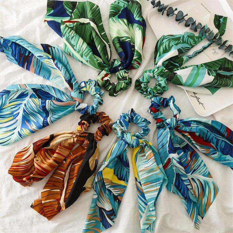 New Fashion Print Leaf Long Scarf Hair Band For Women Scrunchie Elastic Ribbon Bow Tie Ponytail Holder Hair Accessories Headwear