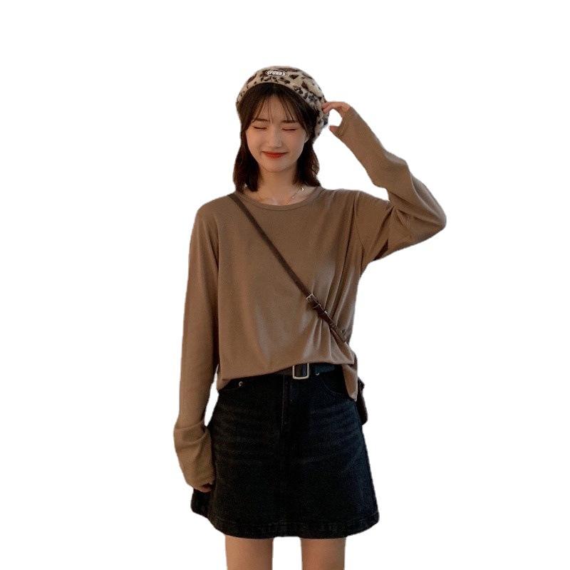 Новая однотонная базовая рубашка на осень и зиму для женщин, свободная повседневная футболка с длинными рукавами для женщин, корейская женская одежда, топы для пар