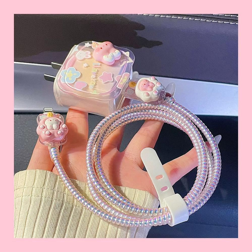 Applicable To Apple Data Cable Protective Cover Charger 18-20W Anti-breakage Winder Cute Flower Animal Advanced INS Style