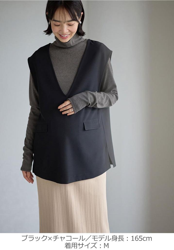 Maternity Nursing Turtleneck Tops Gilet Cotton Blend Milling Set Prenatal and Postnatal Long Sleeve V Neck Vest M Black X Charcoal [ANGELIEBE] Women's